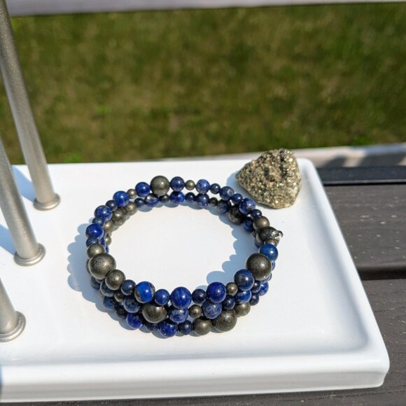 Natural Lapis Lazuli and Pyrite Memory Wire Layer Bracelet - Picture 4 of 14